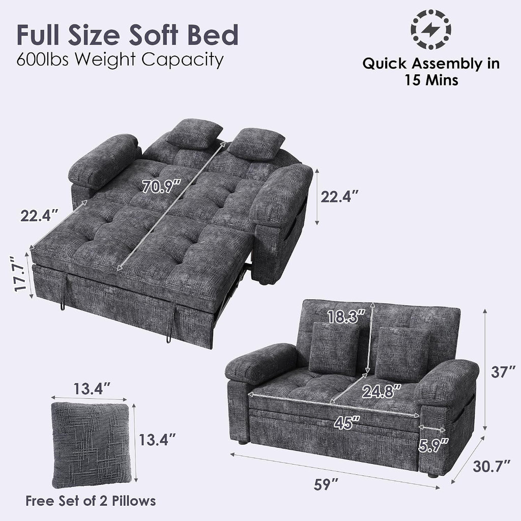 Keyluv 59' Loveseat Sleeper Sofa with USB Ports & Side Pockets, 3 in 1 Convertible Sofa Bed for Living Room/RVs/Camper, Pull Out Couch with Adjustable Backrest, Chenille Grey