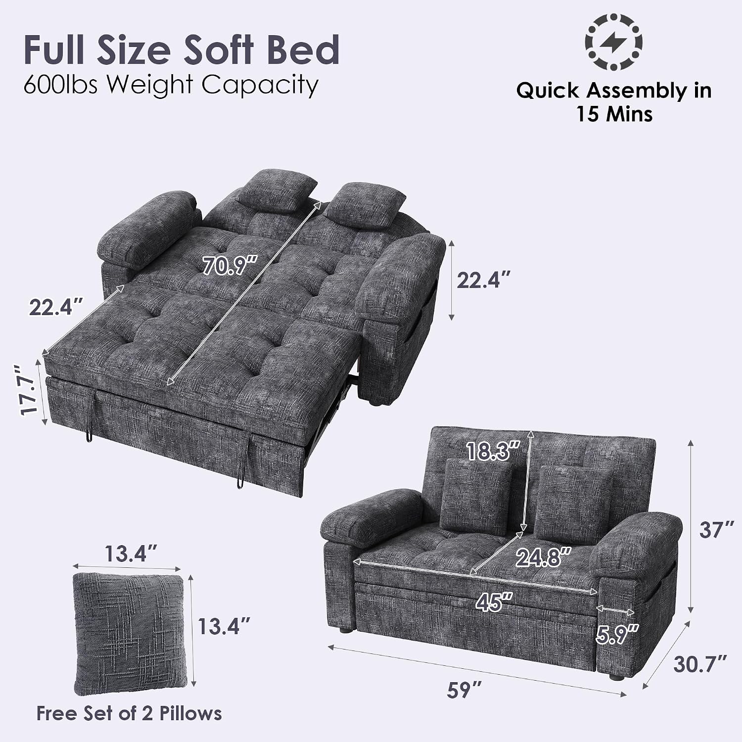 Keyluv 59' Loveseat Sleeper Sofa with USB Ports & Side Pockets, 3 in 1 Convertible Sofa Bed for Living Room/RVs/Camper, Pull Out Couch with Adjustable Backrest, Chenille Grey