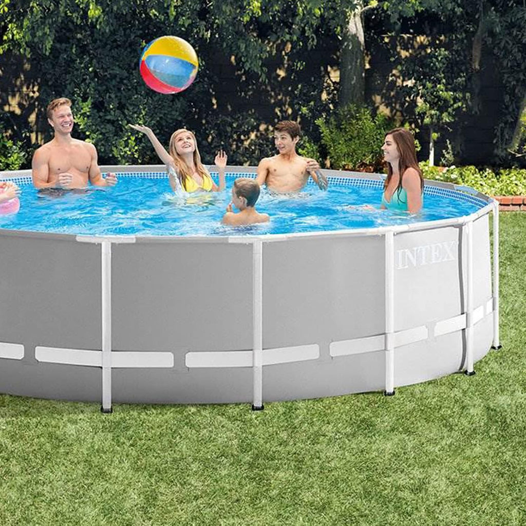 Intex Prism Frame 15' x 48' Above Ground Swimming Pool Set with Filter Pump, Ladder, Pool Cover, and Maintenance Pool Cleaning Kit with Vacuum Skimmer