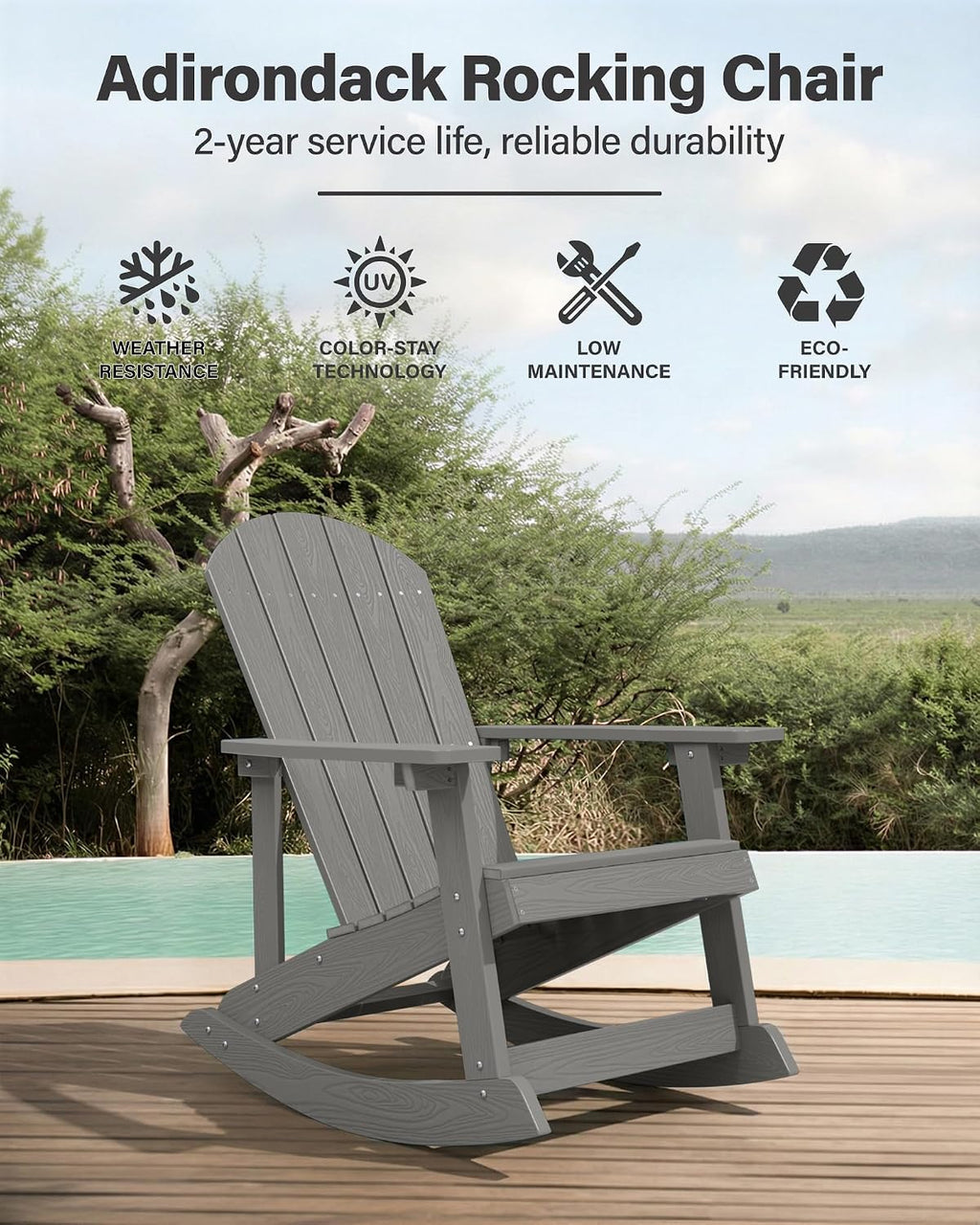 YEFU Outdoor Rocking Chair Set of 2,Adirondack Rocking Chair,Patio Rocker Chair with Wide Back,Oversized Rocker Chair Look Like Real Wood, for Lawn, Porch, Backyard, Indoor and Garden(Grey)