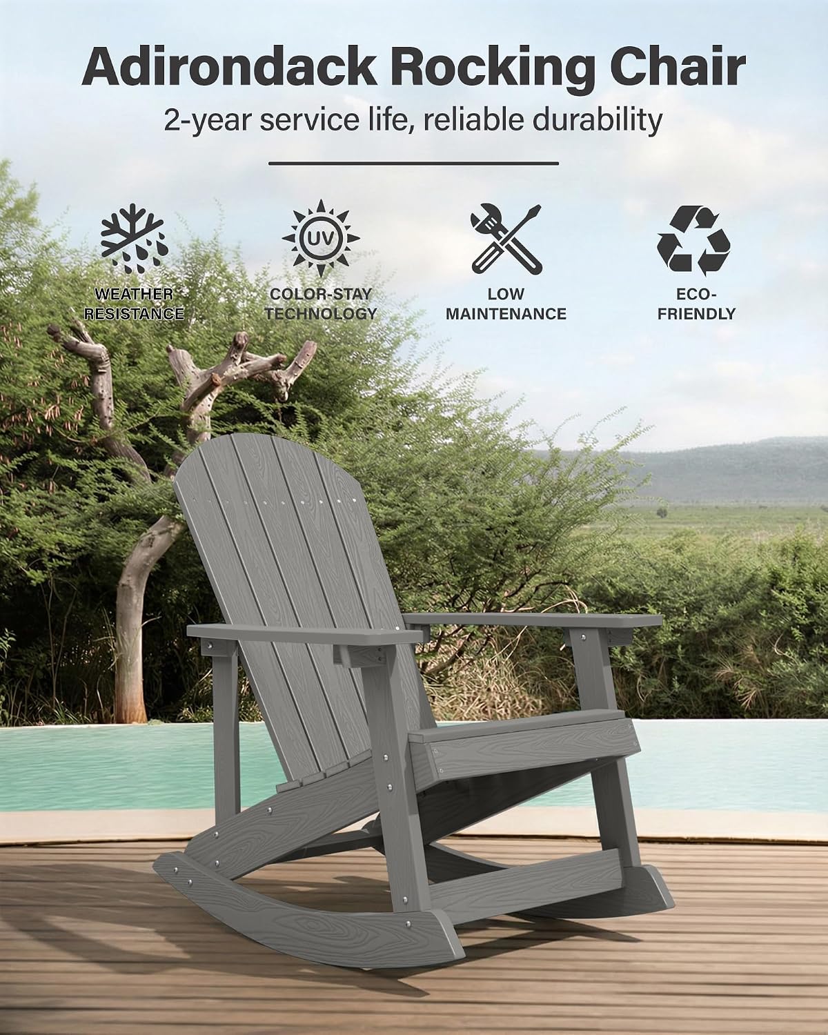 YEFU Outdoor Rocking Chair Set of 2,Adirondack Rocking Chair,Patio Rocker Chair with Wide Back,Oversized Rocker Chair Look Like Real Wood, for Lawn, Porch, Backyard, Indoor and Garden(Grey)