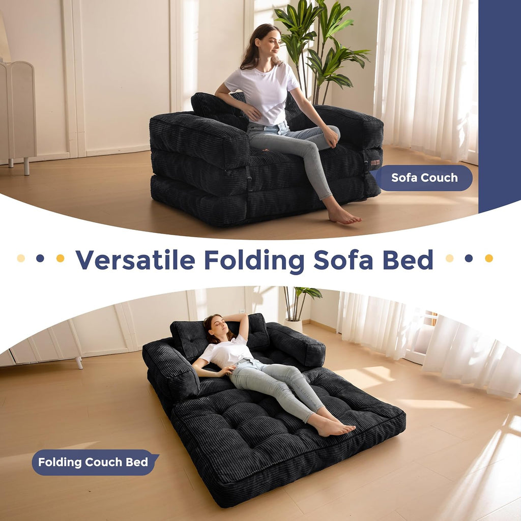 MAXYOYO Folding Sofa Bed, L-Shaped Convertible Sofa Bed with Armrest Foldable Sleeper Couch with Pillow, Portable Fold Out Chair Comfy Floor Couch Lounge for Living Room Bedroom, Black, Double
