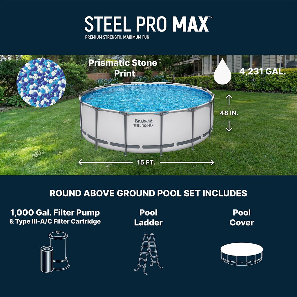 Bestway Steel Pro MAX 15' x 48' Above Ground Pool, Round Metal Frame Outdoor Swimming Pool Set with Filter Pump, Ladder, and Cover, Gray
