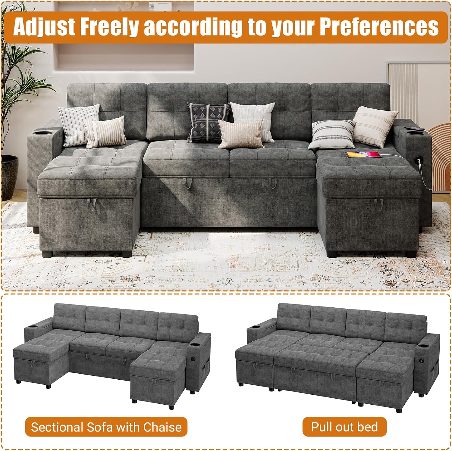 IDEALHOUSE U-Shaped Couches for Living Room, Sofa Bed for Living Room with Reversible Storage Chaises and Hidden Storage Armrests, Cup Holders and USB Charging Ports Included, Dark Grey