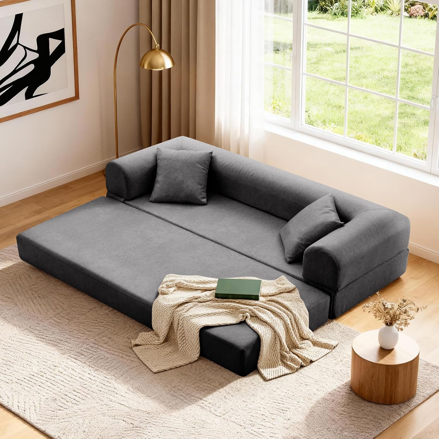 Convertible Folding Sofa Bed,78.5 Inch Faux Leather Futon Couch with Pillows & Storage Pocket,5-in-1 Queen Sleeper Sofa in a Box with Pull Out Bed,Boneless Couch for Living Room Bedroom,Gray
