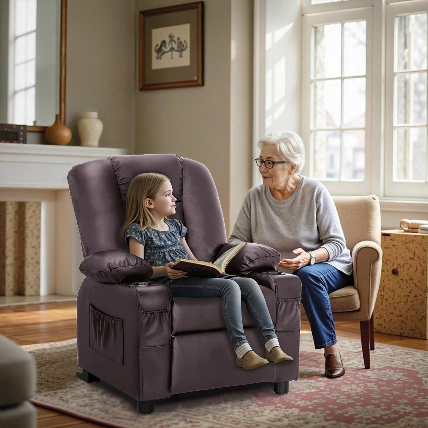 MCombo Big Kids Recliner for Ages 3+, Child Reclining Chair, Toddlers Recliner Sofa with Cup Holders, Faux Leather, 7322(Dark Brown)