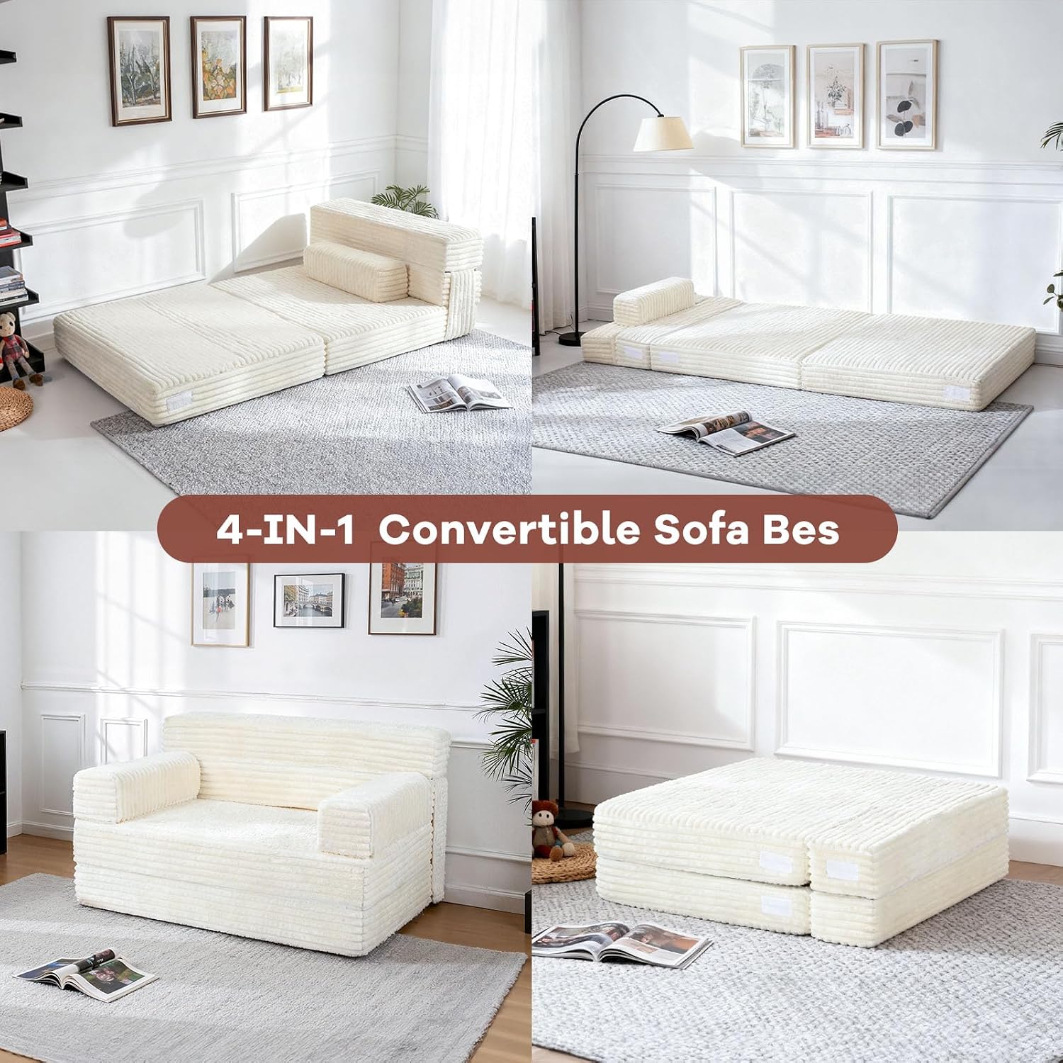 YEPDIN Folding Sofa Bed,Convertible Sofa Bed with Armrest Foldable Sleeper Chair, Portable Folding 4-in-1 Floor Sofa with Convertible Lounge Chair for Living Room,Bedroom,Washable Cover,White Single