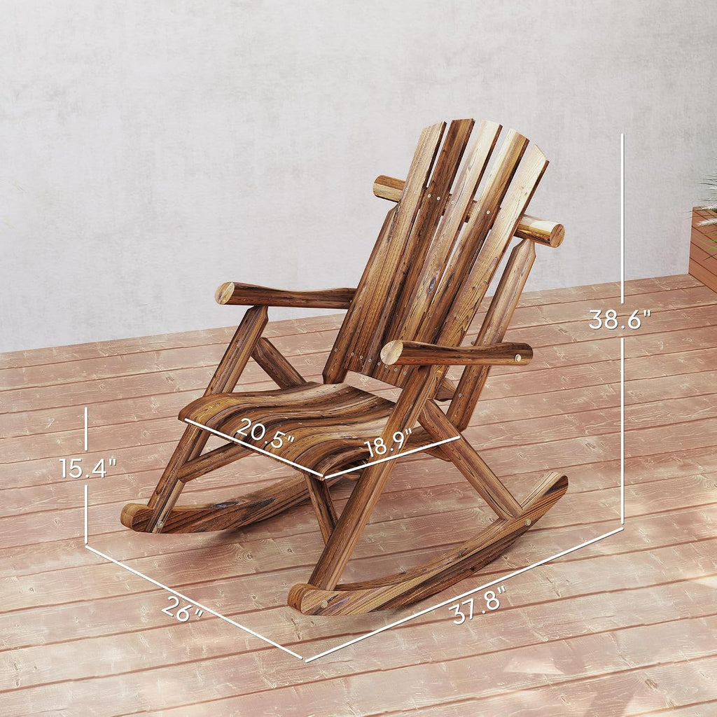 Outsunny Outdoor Wooden Rocking Chair, Single-Person Adirondack Rocking Patio Chair with Rustic High Back, Slatted Seat and Backrest for Indoor, Backyard, Garden, Carbonized