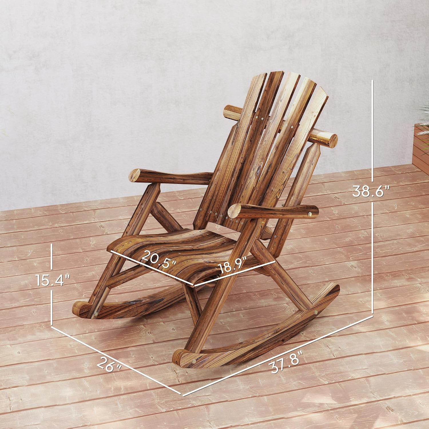 Outsunny Outdoor Wooden Rocking Chair, Single-Person Adirondack Rocking Patio Chair with Rustic High Back, Slatted Seat and Backrest for Indoor, Backyard, Garden, Carbonized
