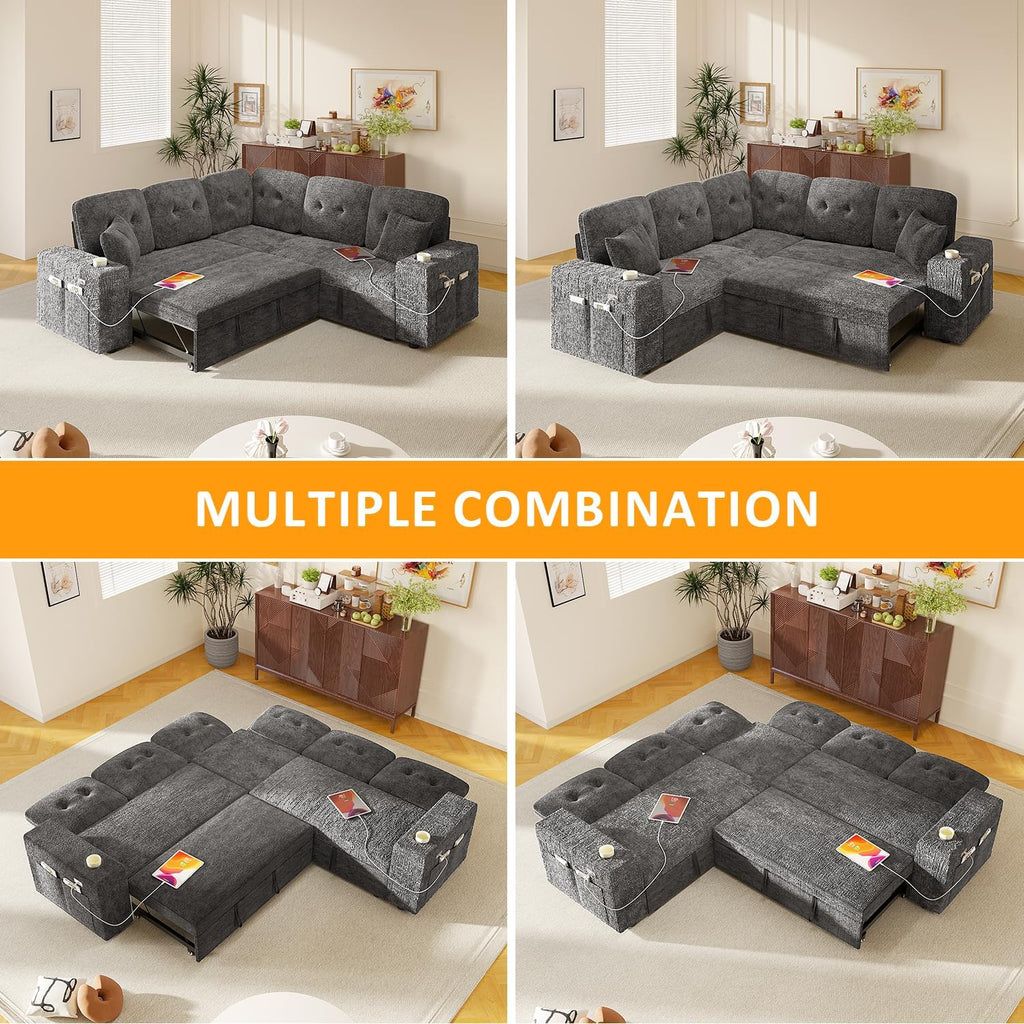 Modular Sectional Sleeper Sofa Bed, 4-in-1 Pull Out Couch Bed with Adjustable Backrest | Hidden Storage | Wide Armrest | Charging, 5-Seat Sectional Couches for Living Room, Grey Chenille