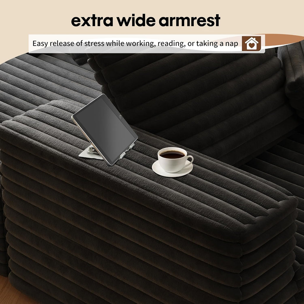 80' Oversized Double Lounge Chaise,Cloud Plush Sofa Bed,Upholstered Boneless Cloud Sofa Deep Seat,No Assembly Required,Modern Corduroy Sleeper Loveseat Chair for Living Room Bedroom Reading,Black