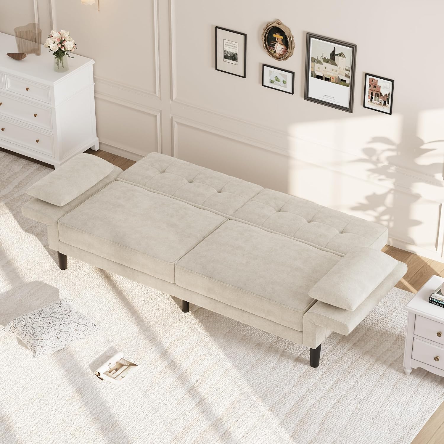 Garvee 89' Futon Sofa Bed, Modern Futon Couch Bed with Adjustable Backrest & Armrest, Comfy Convertible Sleeper Couch for Living Room Bedroom Apartments, Beige