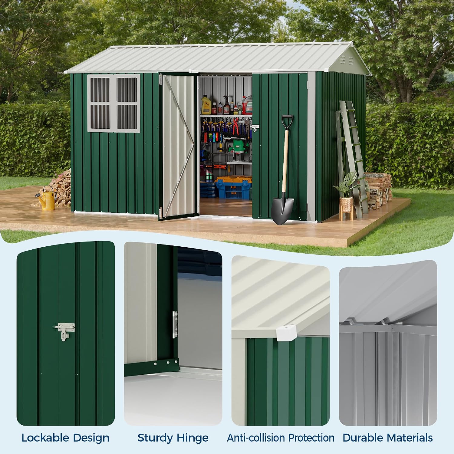 GarveeLife 8x10 FT Outdoor Storage Shed,450CU.T Metal Tool Shed with Clear Window, Lockable Doors,Large Garden Storage Box with Sloping Roof，Sheds&Outdoor Storage for Backyard Garden Patio Lawn, Green
