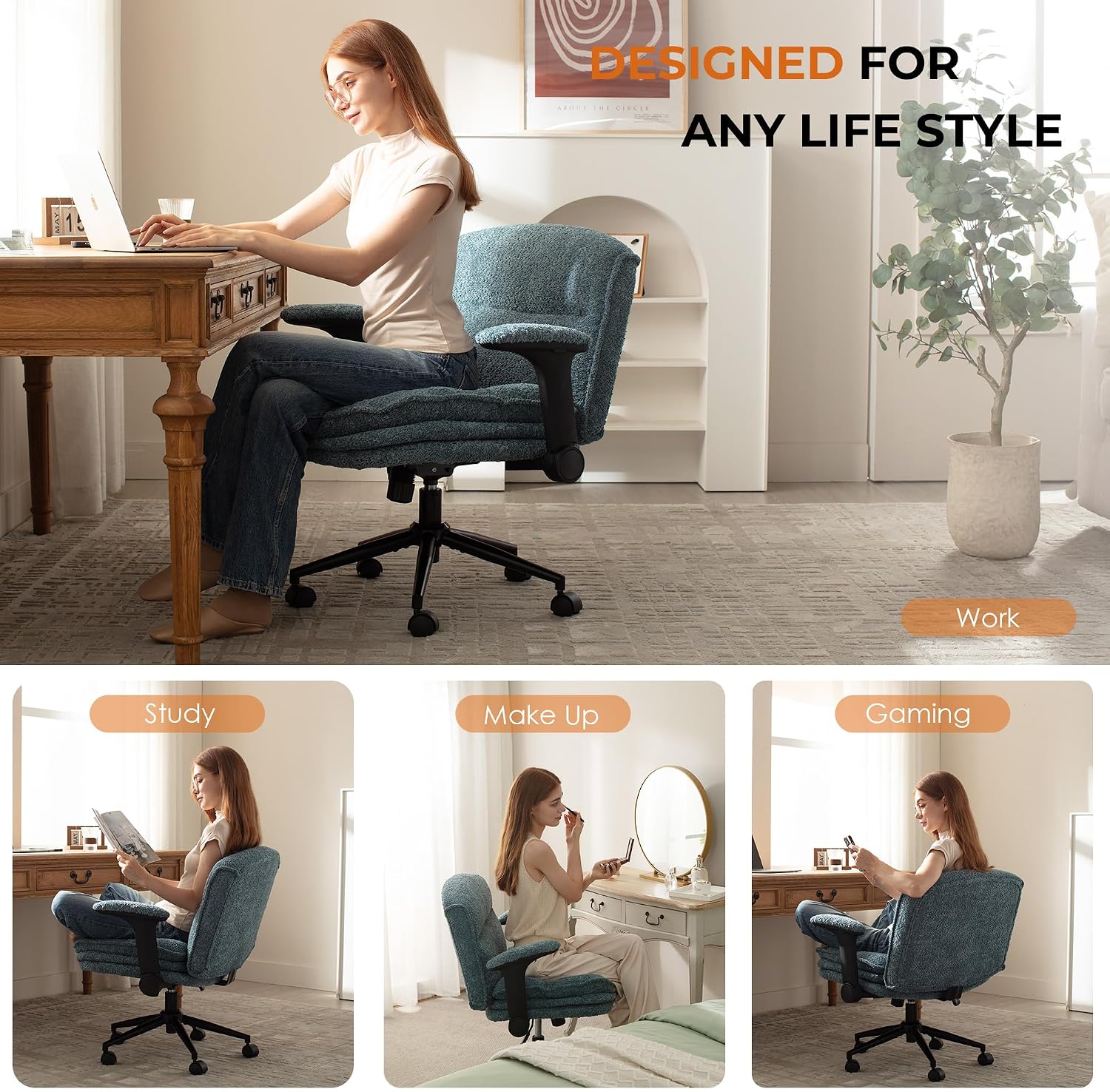 Dowinx Criss Cross Chair with Adjustable Flip-up Arms and Wheels, Comfort Ergonomic Office Desk Armchair with 3 Layer Cushions, Wide Seat Vanity Chair for Home Office, Living Room, Bedroom, Blue