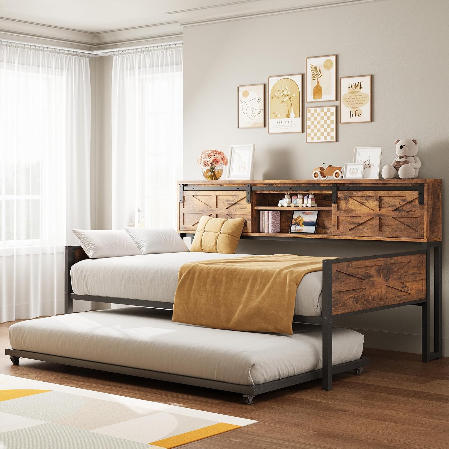 LIKIMIO Daybed with Trundle Bed, Sofa Bed Twin with Charging Station, with Storage Headboard & Strong Support, for Living Room, Bedroom and Guest Room, Industrial Brown