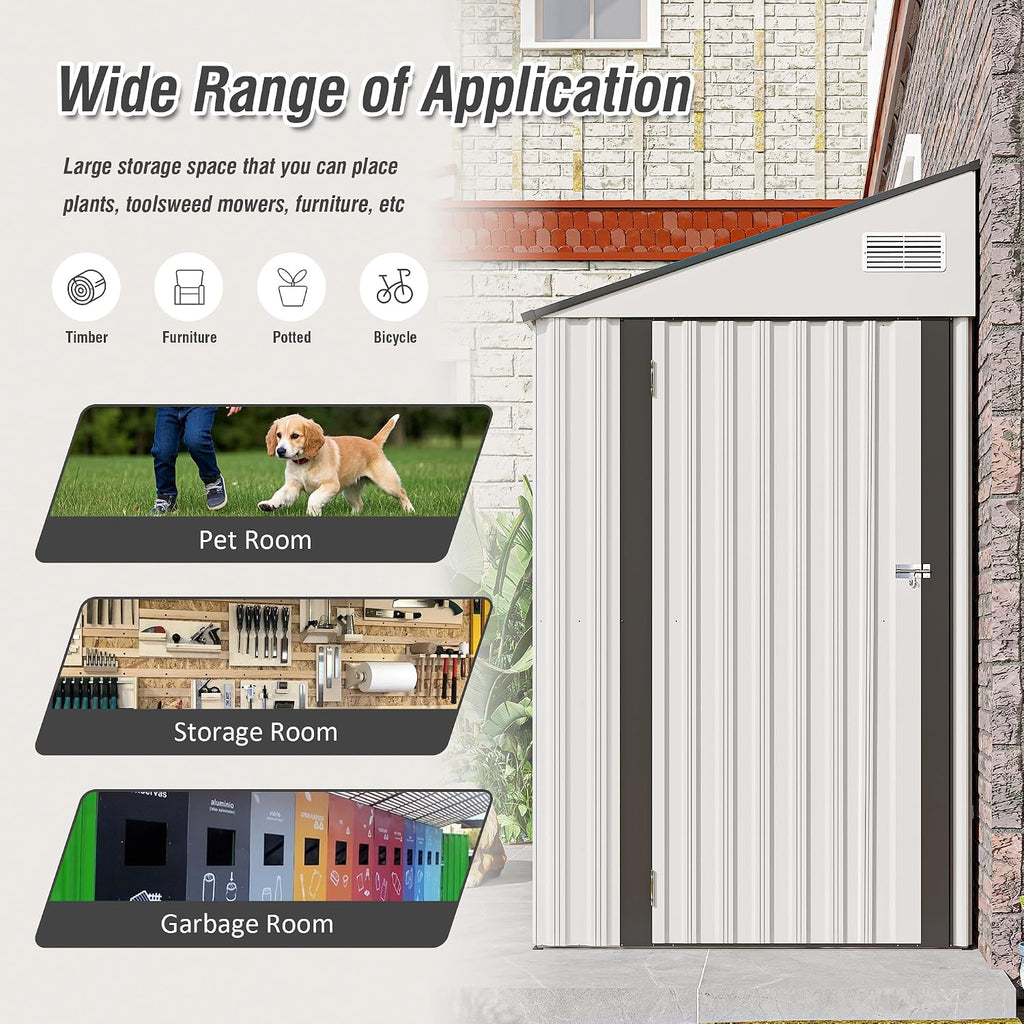 4x8FT Outdoor Storage Shed, Lean to Shed, Metal Wall Side Tool Storage Sheds House with Single Lockable Door for Backyard, Patio, Garden, Lawn