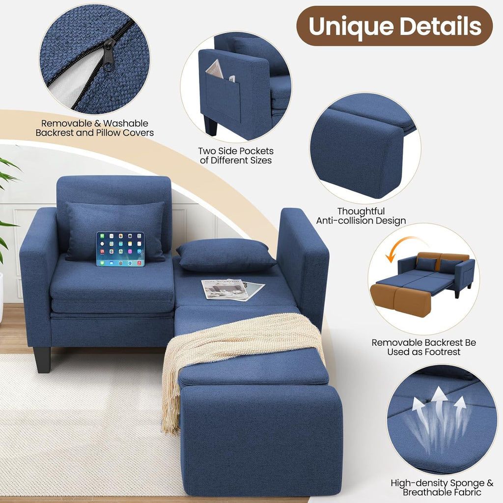 SEJOV 6-in-1 Convertible Sofa Bed, 58' Loveseat Sleeper Sofas with Pull Out Couch Bed, Removable Backrest, Storage Pockets and 2 Pillows, Modern Folding Linen Futon Couch for Small Spaces, Blue
