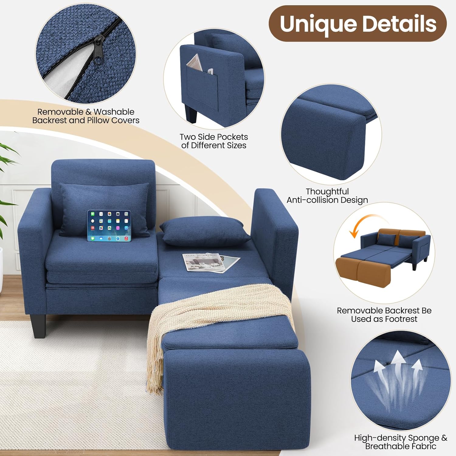SEJOV 6-in-1 Convertible Sofa Bed, 58' Loveseat Sleeper Sofas with Pull Out Couch Bed, Removable Backrest, Storage Pockets and 2 Pillows, Modern Folding Linen Futon Couch for Small Spaces, Blue