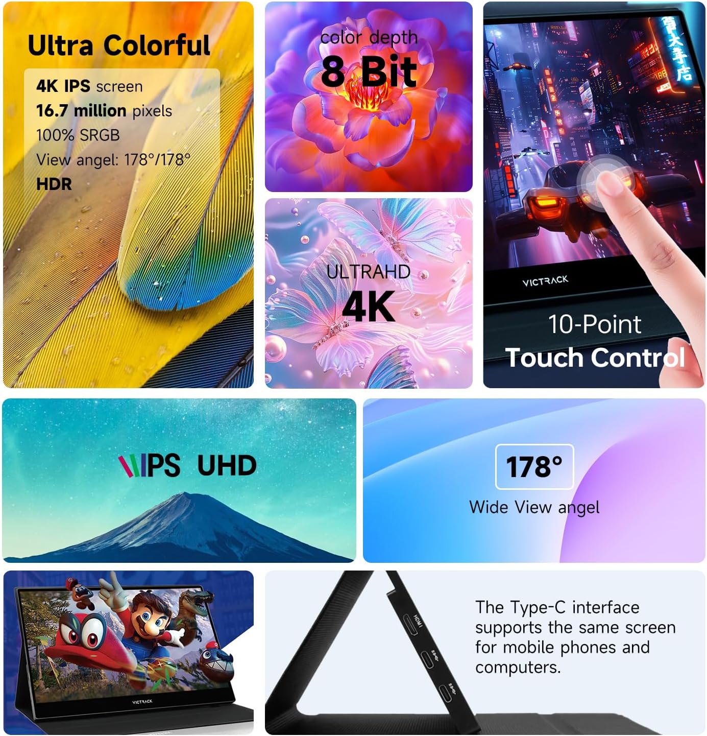Victrack 4K Touchscreen Pro Gaming Portable Monitor, 13.3' Ultra UHD (3840*2160), for handheld gaming pc, style as ASUS Rog Ally, Lenovo Legion go, 100% RGB IPS Display HDR Travel Monitor Smart Cover