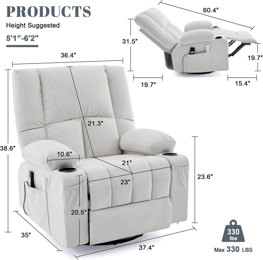 Rocker Recliner Chair with Heat and Massage, 360° Swivel Recliner Chairs for Adults, Oversized Recliner Single Sofa Seat with Cup Holders, Lazy Boy Recliner Single Sofa (Electric, Grey)