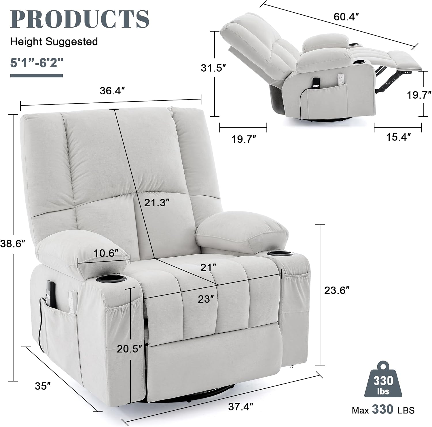 Rocker Recliner Chair with Heat and Massage, 360° Swivel Recliner Chairs for Adults, Oversized Recliner Single Sofa Seat with Cup Holders, Lazy Boy Recliner Single Sofa (Electric, Grey)