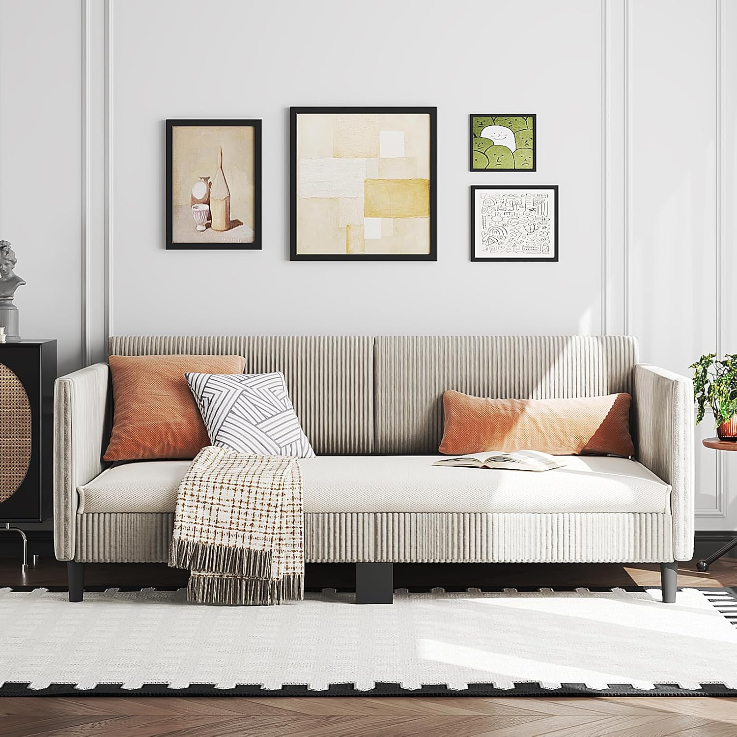 VINGLI Daybed Twin Size Corduroy Upholstered Comfy Sleeper Couch Sofa Bed for Living Room, Movie Room, Bedroom, Beige White