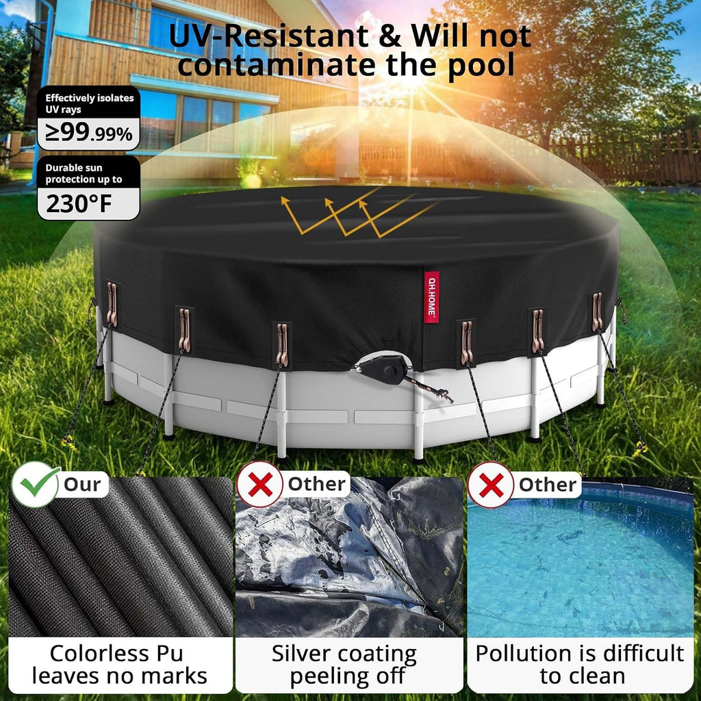 QH.HOME 24/26 Ft Round Pool Cover with Fast Tightening Patented Ratchet, Pool Covers for Above Ground Pools, One-Piece Tear Resistant Swimming Pool Cover Protector with Upgraded Ultimate Windproof