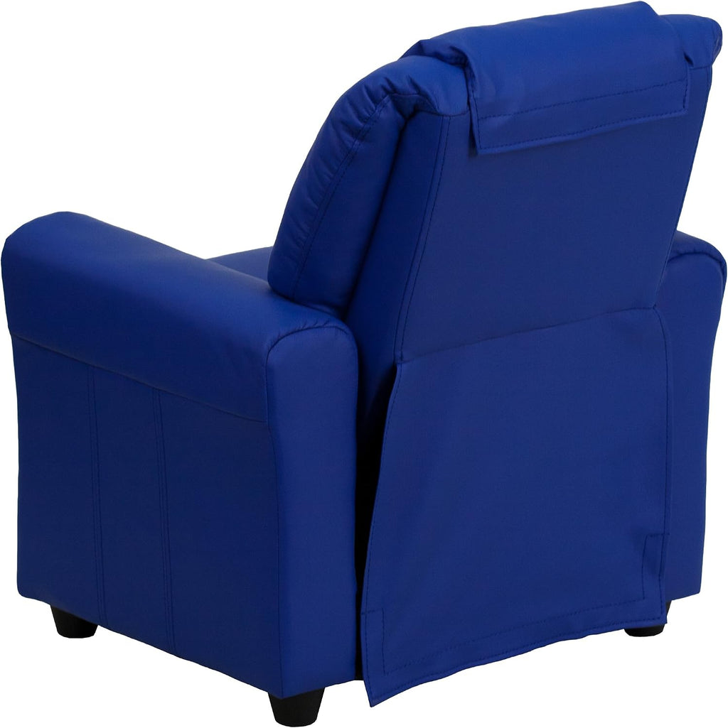 EMMA + OLIVER Blue Vinyl Kids Recliner with Cup Holder and Headrest