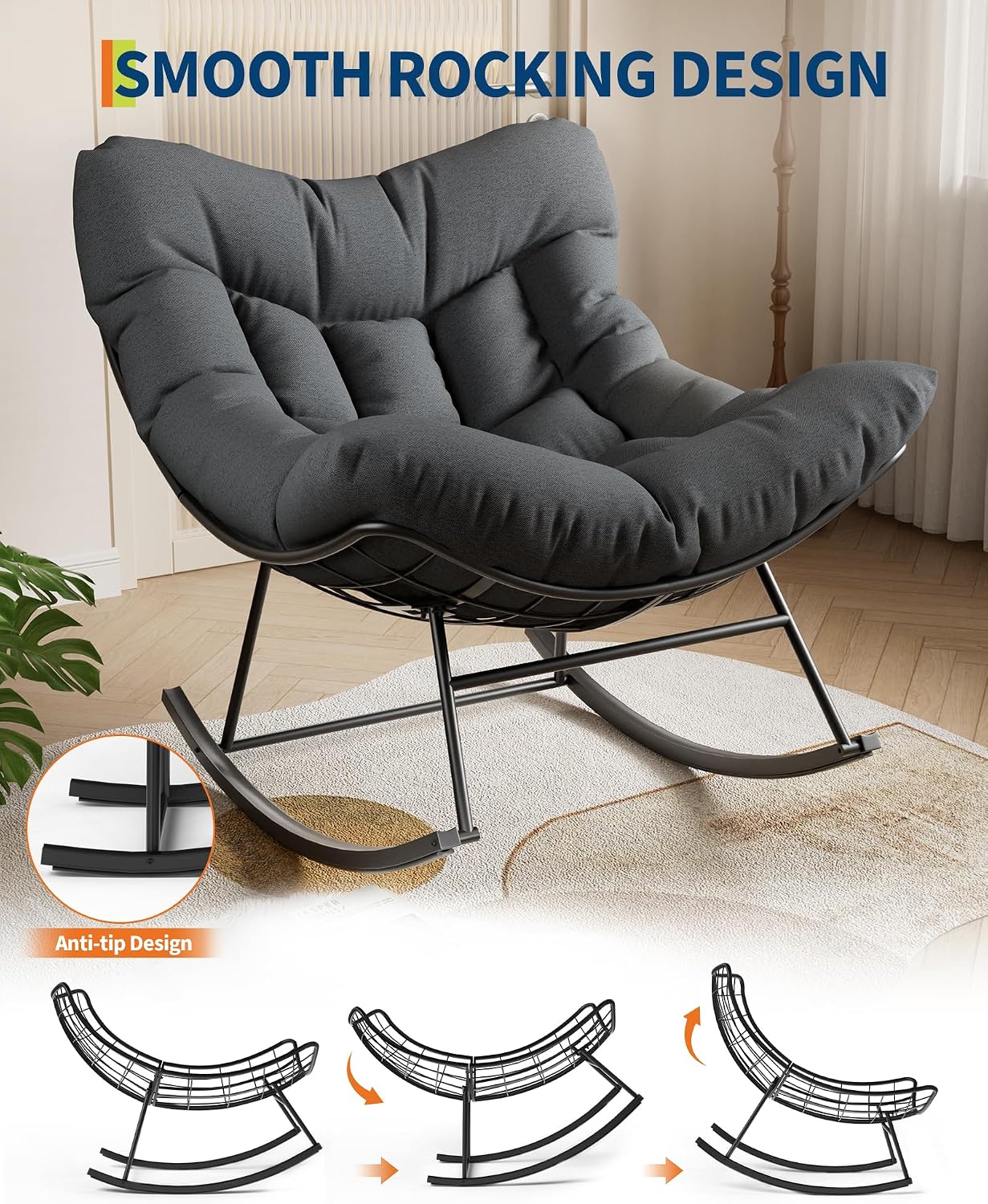 Patio Rocking Chair Indoor and Outdoor, Metal Lounge Rocker with Thick 6'' Cushion,350 Lbs Capacity,Grey Cushion