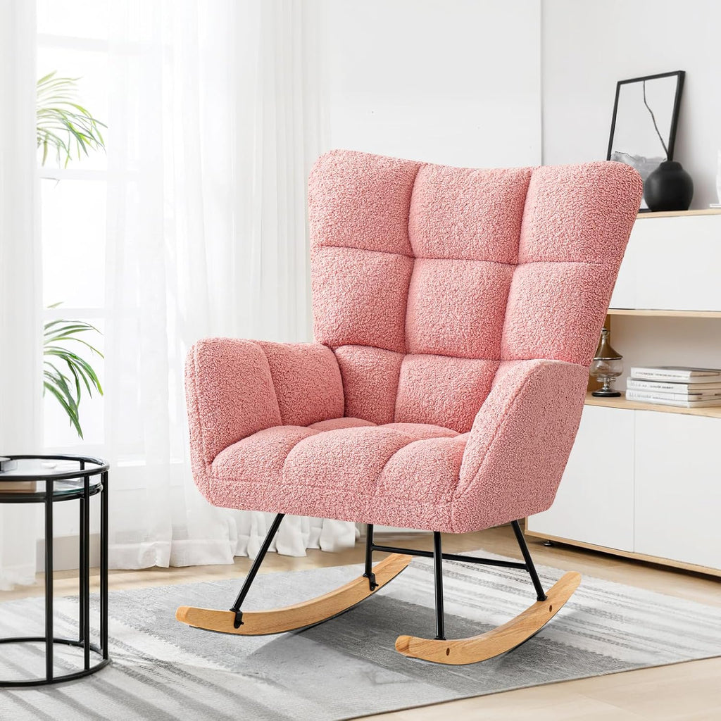 Furniliving Nursery Rocking Chair Upholstered Glider Rocking Chair Modern Accent Chair Padded Seat Reading Chair with High Backrest Comfy Chair for Living Room, Bedroom, Nursery, Pink, Teddy, 2