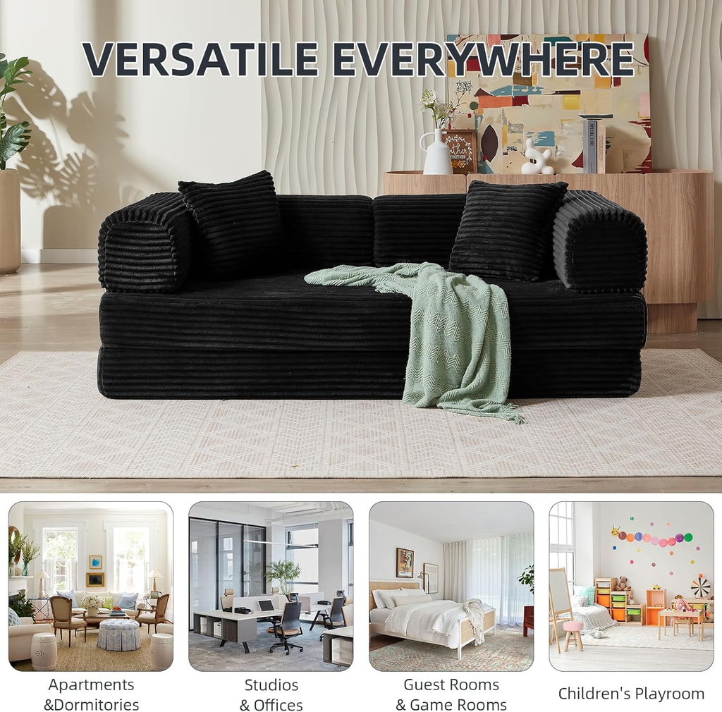 81 Inch Convertible Folding Sofa Bed,Fold Out Floor Sofa Couch with Fixed-Shape Frame,Corduroy Foldable Mattress Cloud Couch for Living Room Bedroom (Black)