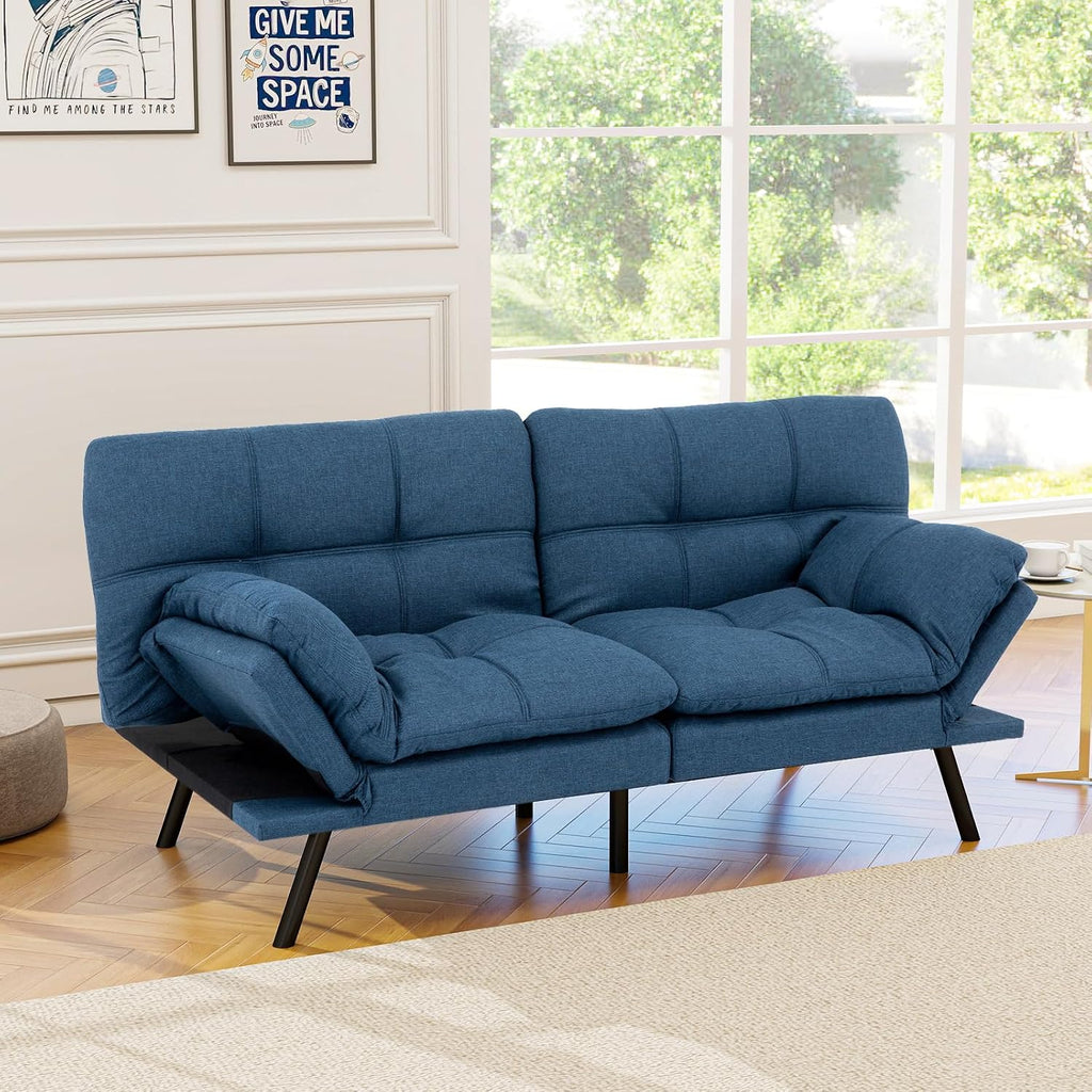 Opoiar Futon Sofa Bed Modern Memory Foam Sleeper Sofa Convertible Navy Couch Adjustable Armrest&Backrest Leather Futon for Living Space,Apartment,Office Sofabed