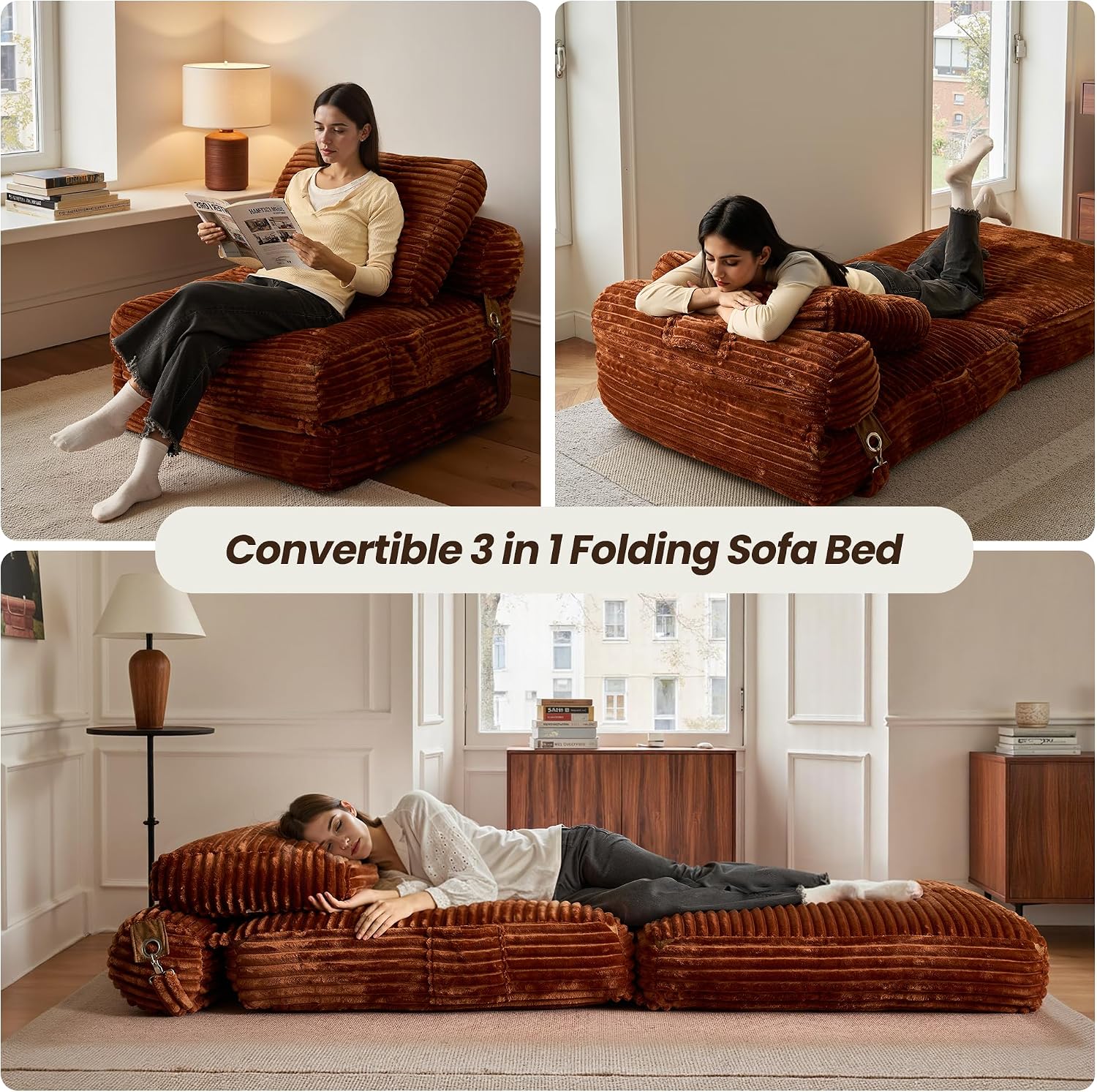 ovios Folding Sofa Bed, Foldable Sleeper Chair Floor Futon, Comfy Portable Convertible Fold Out Lounge Chairs for Living Room Bedroom, Brown
