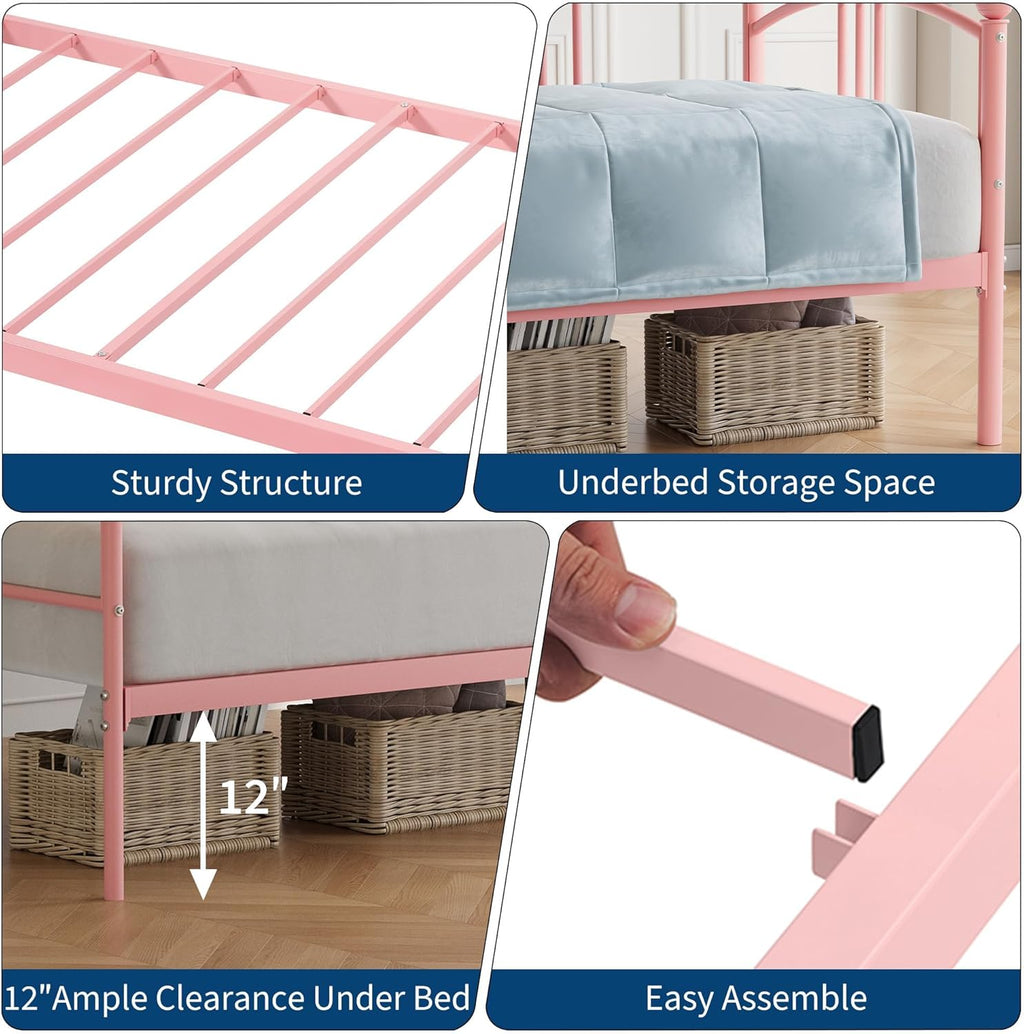 IDEALHOUSE Twin Daybed Without Trundle, Metal Twin Size Daybed, Steel Slat Support Sofa Bed for Living Room, Bedroom, Guest Room (Pink-Without Trundle)