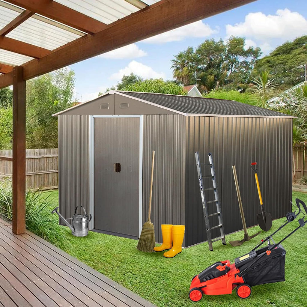 Ball & Cast 8x10 FT Outdoor Storage Shed,Metal Waterproof Garden Shed with Sliding Doors and Padlock,All Weather Heavy-Duty Tool Shed W/Vents, Foldable House for Garden Backyard,Lawn,Gray