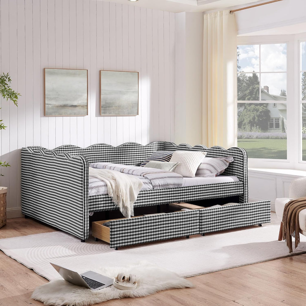 KEIKI Queen Size Upholstery Gingham Daybed with 2 Storage Drawers and USB, Modern Style Adorable Wave Shaped Linen Sofa Bed, Easy Assembly, No Box Spring Required, for Living Room and Bedroom, Black