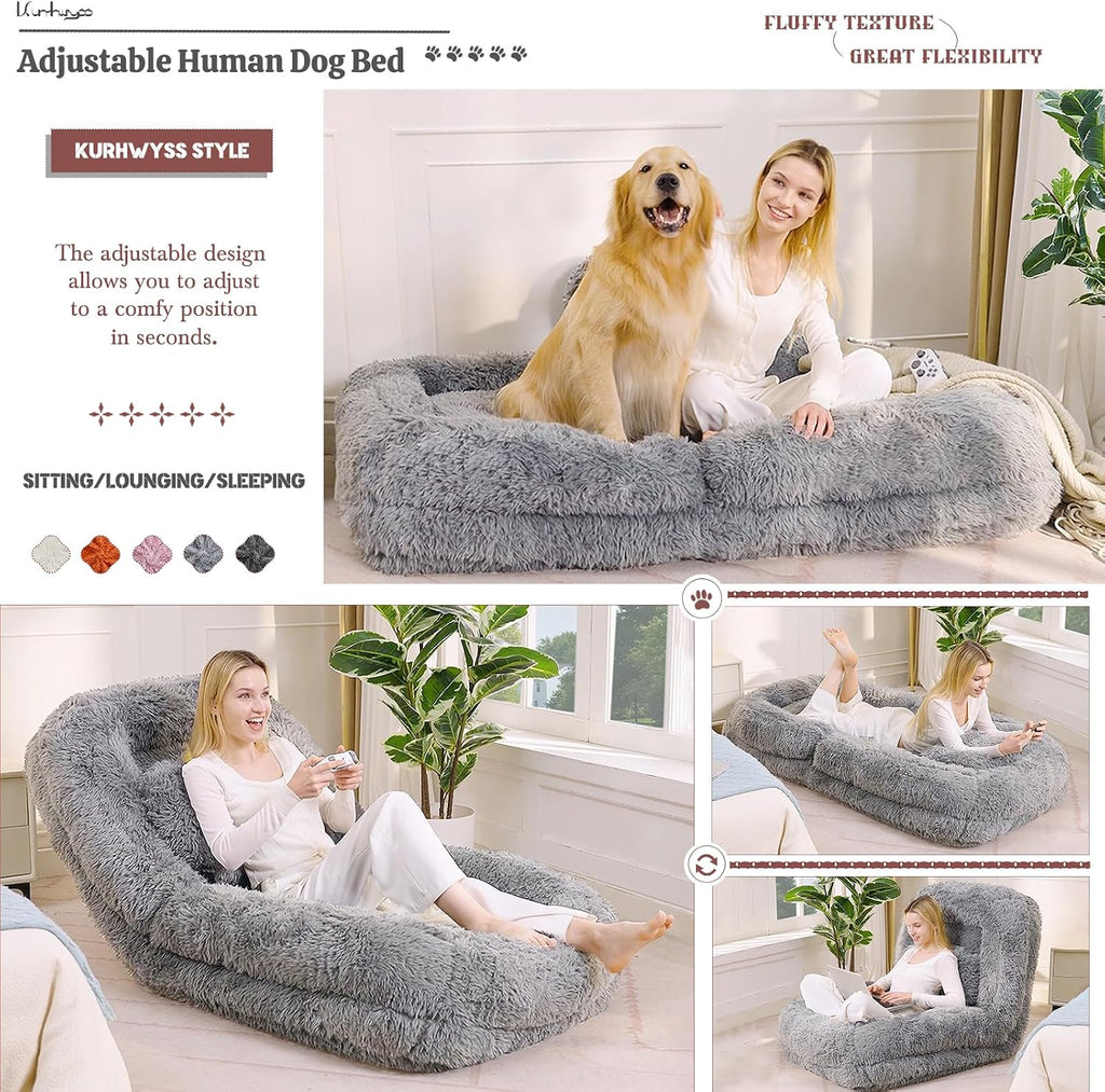 Upholstered Human Dog Bed for Adult & Pets, Convertible Lazy Sofa Bed with 5 Adjustable Position, Comfy Tatami Bean Bag Lounge Chair with a Soft Pillow for Bedroom Living Room (Light Gray Fluffy)