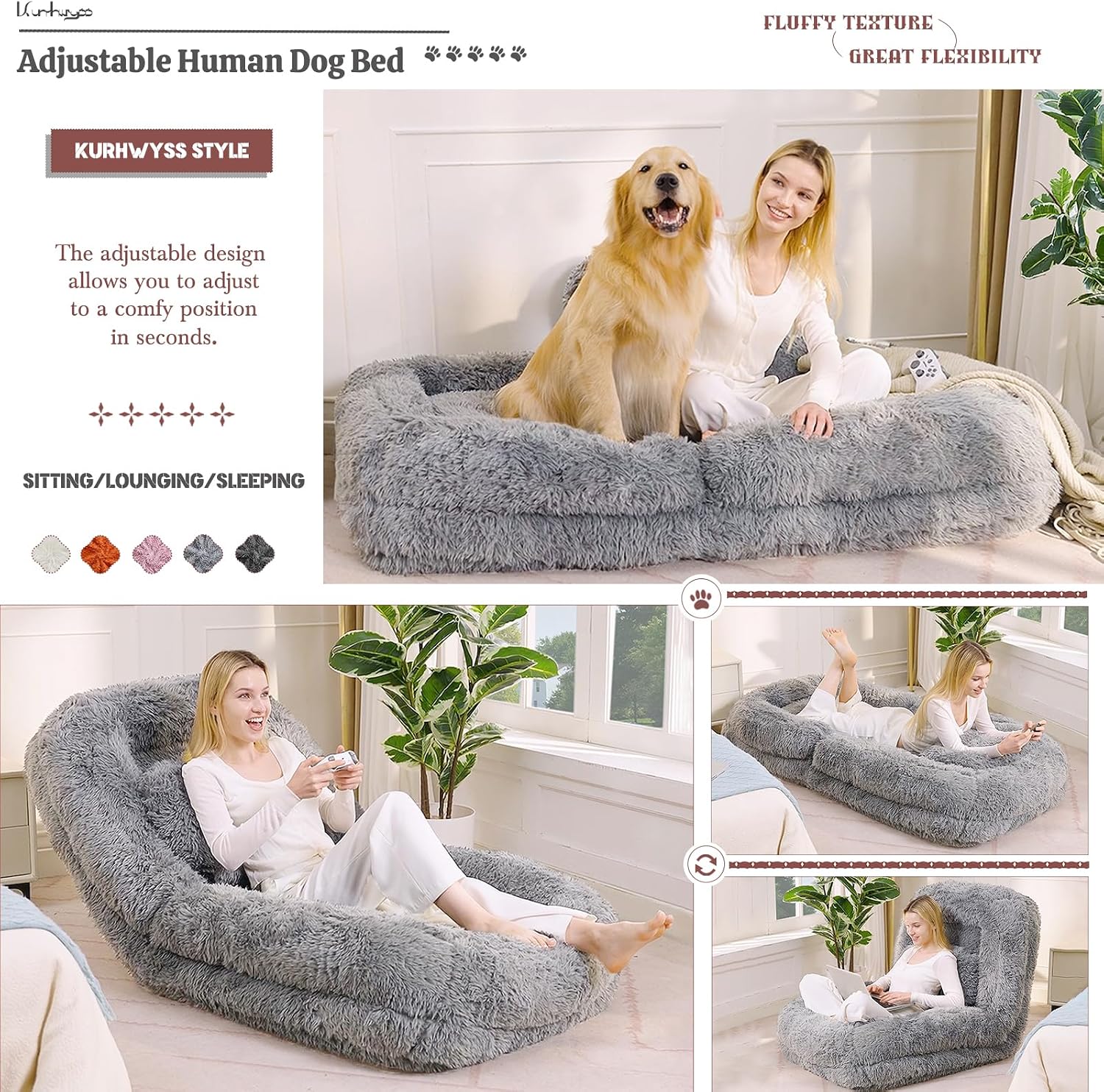 Upholstered Human Dog Bed for Adult & Pets, Convertible Lazy Sofa Bed with 5 Adjustable Position, Comfy Tatami Bean Bag Lounge Chair with a Soft Pillow for Bedroom Living Room (Light Gray Fluffy)