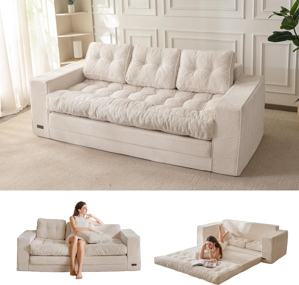 MAXYOYO Convertible Sofa Bed, Pull Out Oversized Loveseat Sleeper Sofa, 2 in 1 Folding Couch Bed, Fold Out Floor Couch with Pillows for Living Room Bedroom Lounge, Beige
