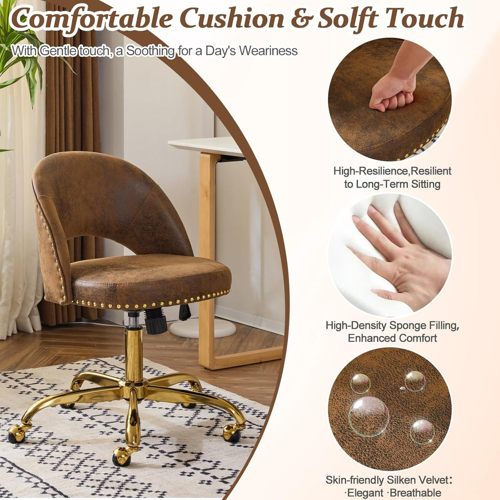 VINGLI Modern Velvet Small Office Chair,Cute Desk Chair with Wheels,Gold Base/Studs, Comfy Armless Swivel Vanity Task Chair for Women/Girl/Kids, Nail Tech Chair for Bedroom,Small Space,Rustic
