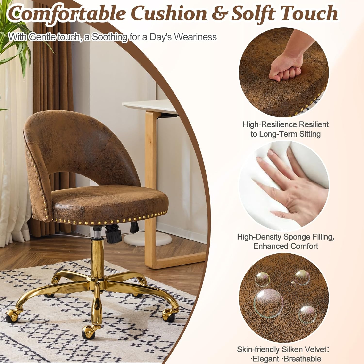 VINGLI Modern Velvet Small Office Chair,Cute Desk Chair with Wheels,Gold Base/Studs, Comfy Armless Swivel Vanity Task Chair for Women/Girl/Kids, Nail Tech Chair for Bedroom,Small Space,Rustic