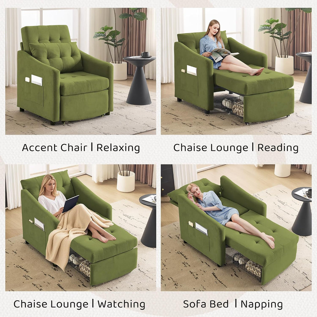 Bezseller Sleeper Sofa Chair Bed, 3-in-1 Convertible Sleeper Chair with Storage Drawer, Pull Out Couch with Side Pocket, Pillow, and Adjustable Backrest, for Living Room Bedroom Apartment, Green