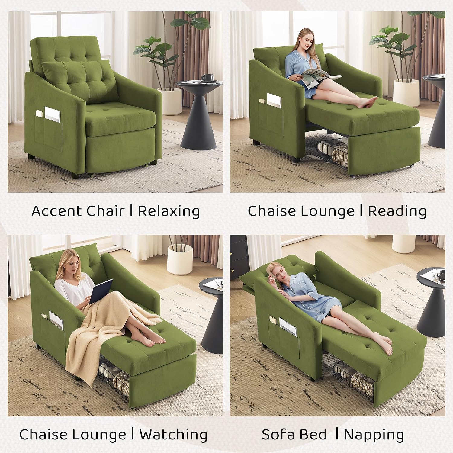 Bezseller Sleeper Sofa Chair Bed, 3-in-1 Convertible Sleeper Chair with Storage Drawer, Pull Out Couch with Side Pocket, Pillow, and Adjustable Backrest, for Living Room Bedroom Apartment, Green