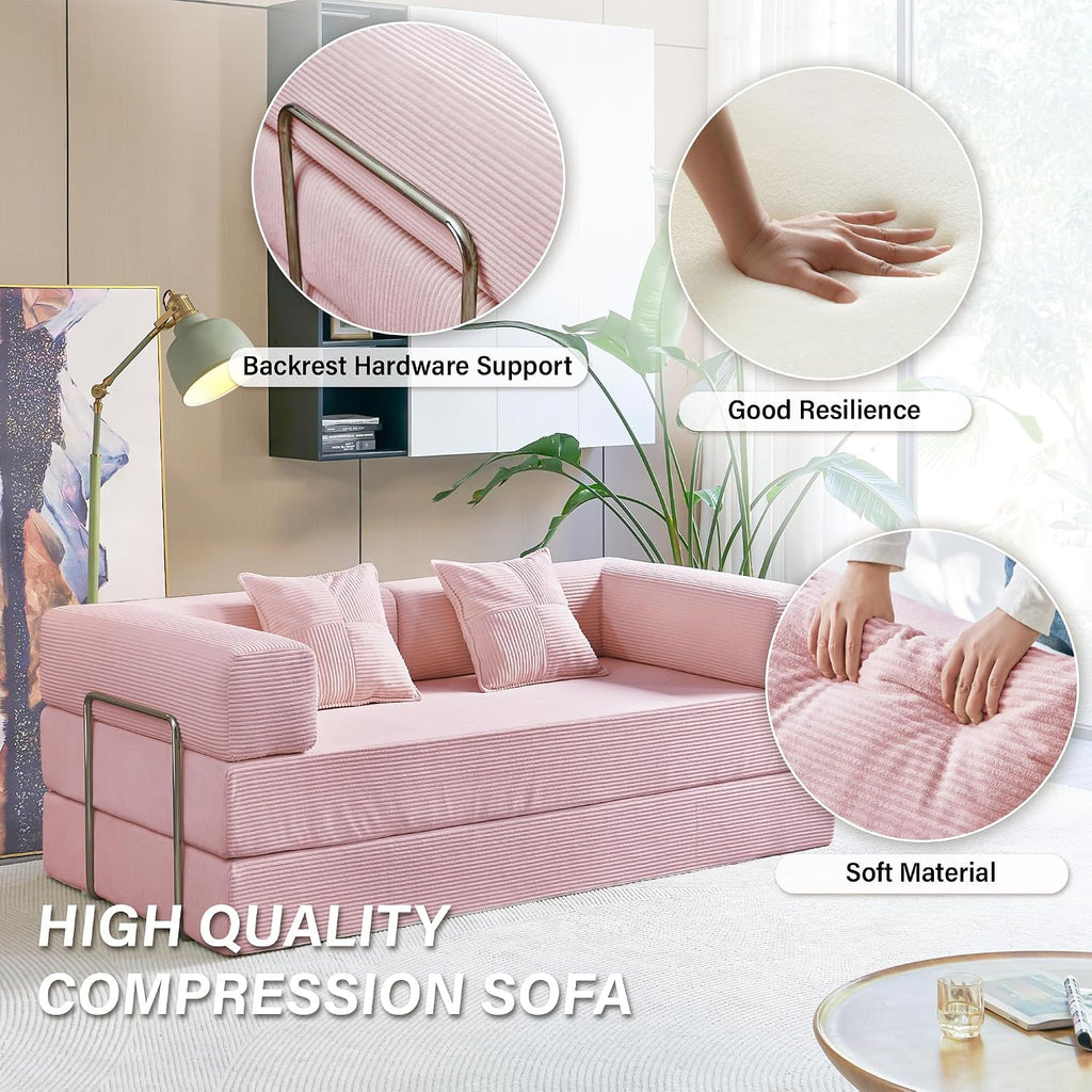 YINIX Foldable Sofa Bed, 78'' Folding Floor Couch, Compressed Convertable Sleeper Sofa, Memory Foam Couch with Pillow Back Support Armrest, 4-in-1 Futon Sofa Bed for Living Room, Pink