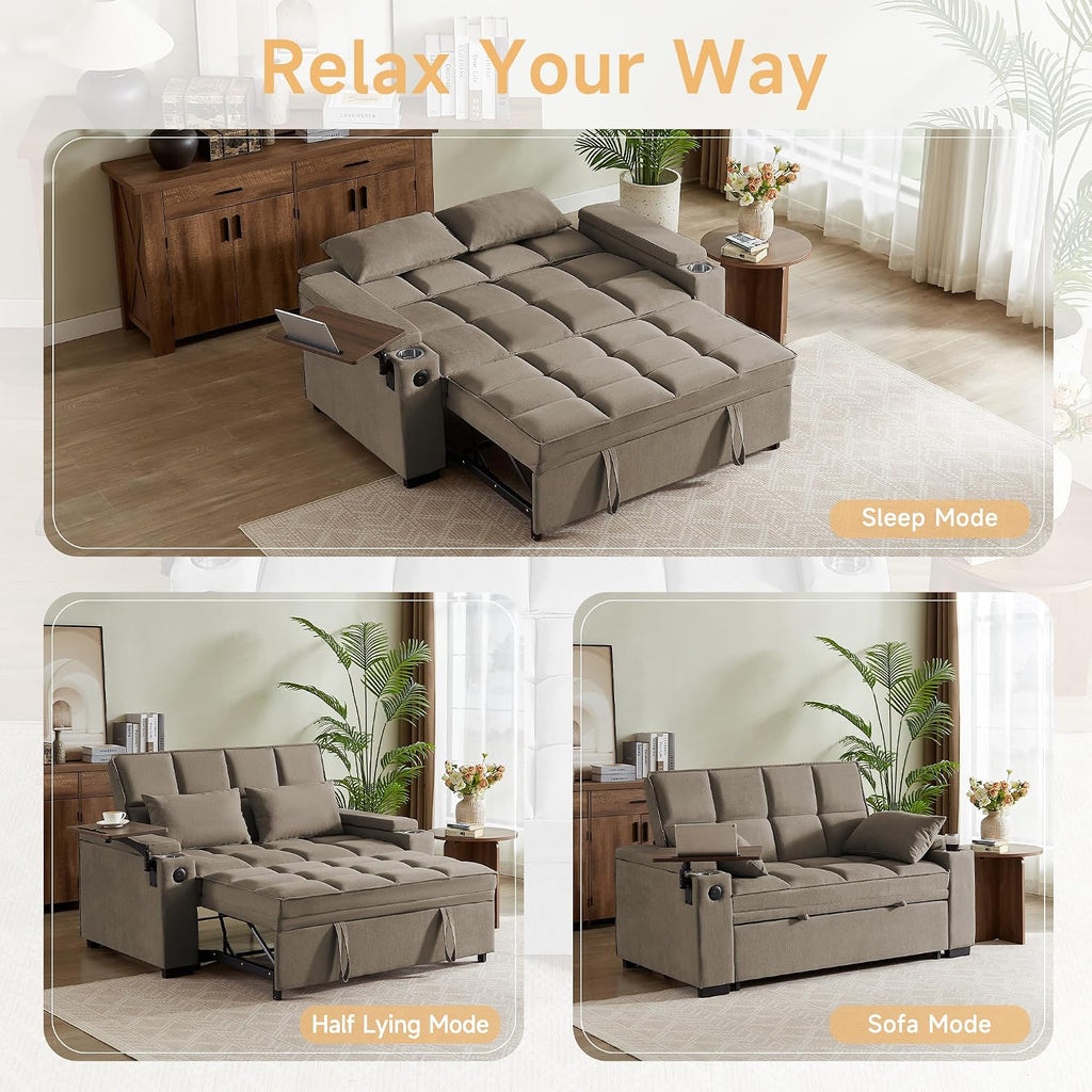 Auvsoce 65' Sleeper Sofa Bed Loveseat, Convertible Couch for Living Room, RV Sofa with Adjustable Backrest, Chaise Lounge, Side Table, USB & Type-C Ports