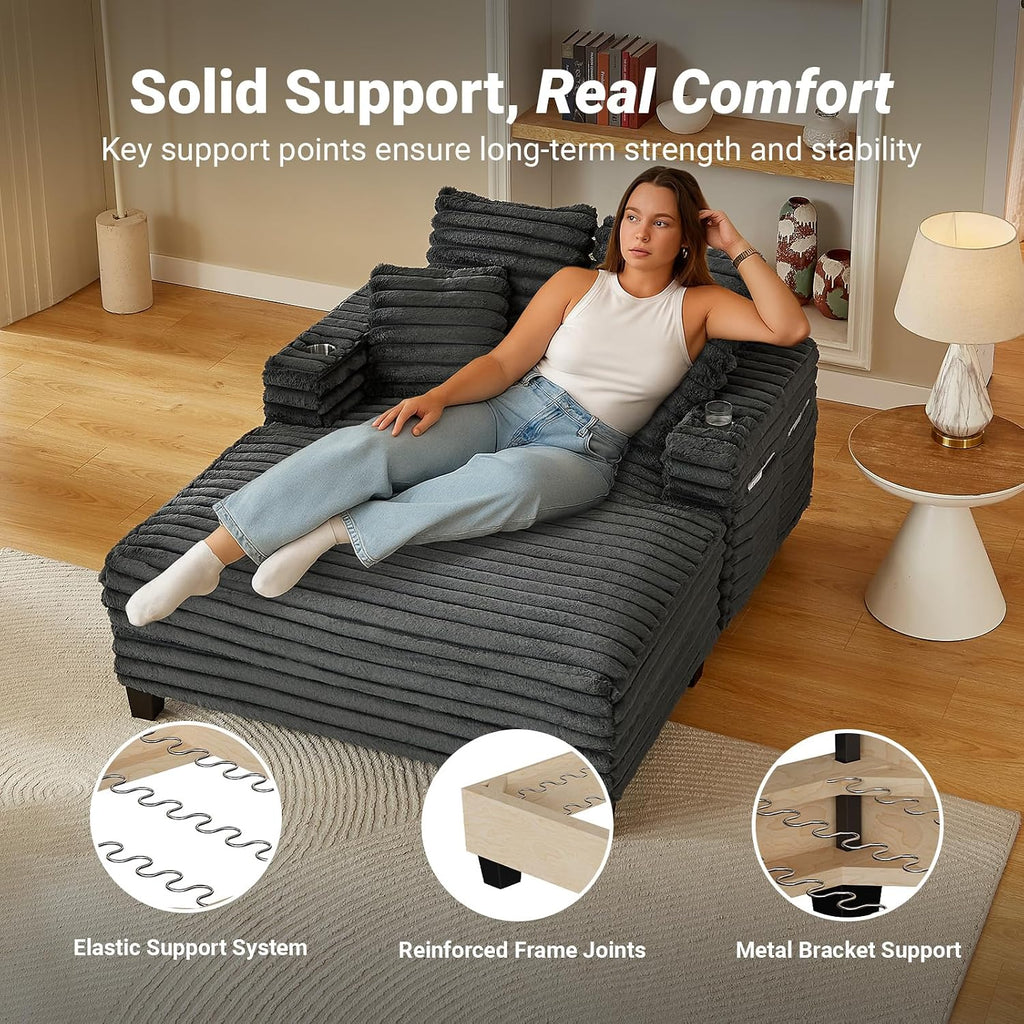 Amsleekey 64' Chaise Lounge Chair Indoor, Oversized Sleeper Chair with Wood Frame, Upholstered Sofa Bed for Living Room, Movie Room, Bedroom with 4 Storage Pockets&2 Cup Holders(Plush Corduroy, Grey)
