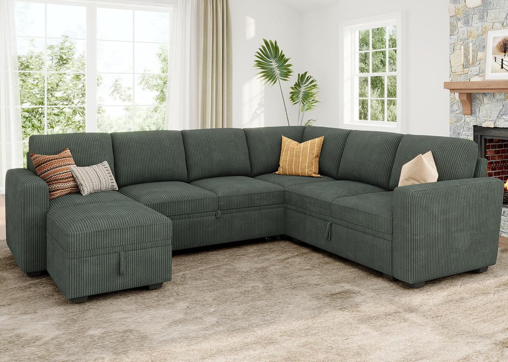 HONBAY Modular Sectional Sleeper Sofa with Pull Out Bed, Corduroy Couch with Storage Seats Ottoman, U Shaped Sectional Couches for Living Room, Green