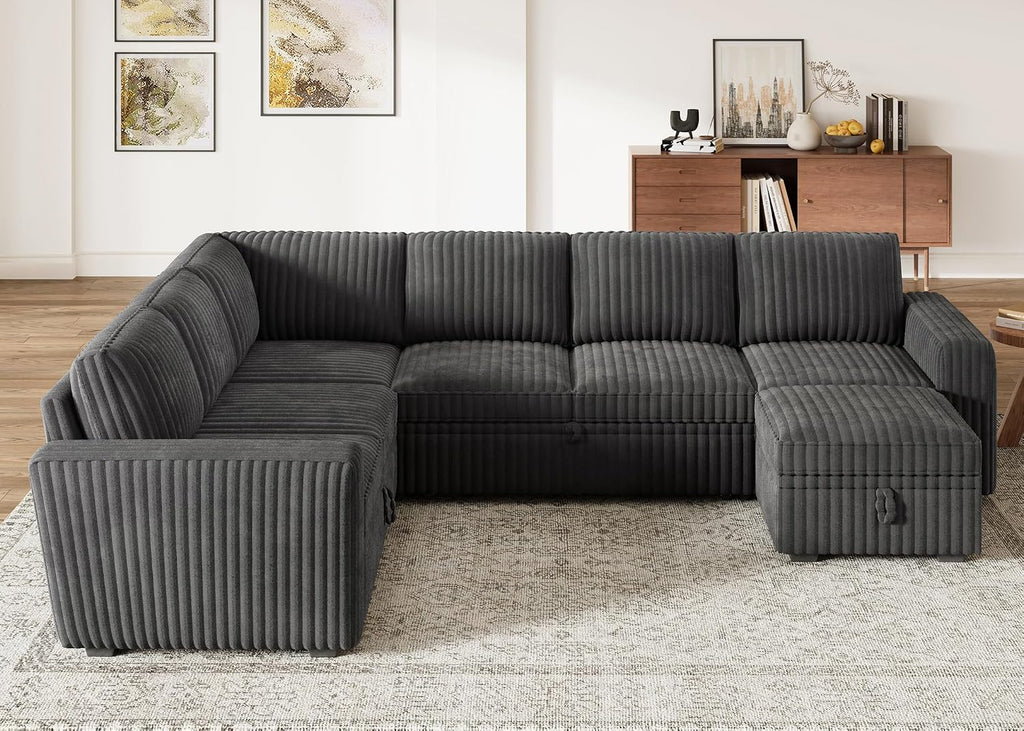 HONBAY Modular Sectional Sleeper Sofa with Pull Out Bed,Corduroy U Shaped Couch with Storage, Sectional Couches for Living Room,Dark Grey