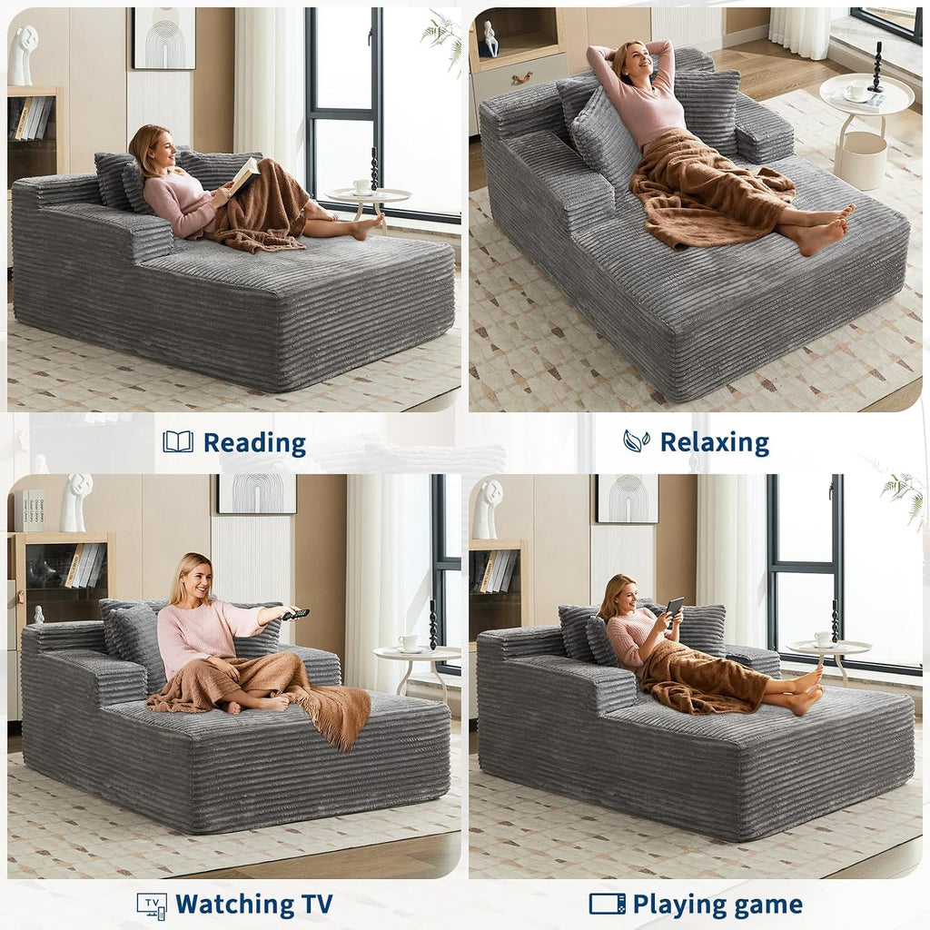 Garvee 50' Oversized Chaise Lounge Indoor Boneless Couch with 3 Pillows Corduroy Sofa Bed, Comfy Sleeper Chair for Living Room Bedroom Reading Chair No Assembly Required, Grey