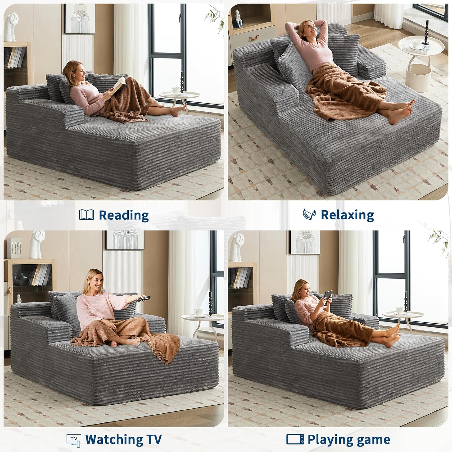 Garvee 50' Oversized Chaise Lounge Indoor Boneless Couch with 3 Pillows Corduroy Sofa Bed, Comfy Sleeper Chair for Living Room Bedroom Reading Chair No Assembly Required, Grey